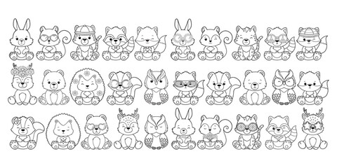 Set of Groovy Woodland Animal Collection Vector, Hand Drawn Bear Rabbit Skunk Racoon Squirrel Bear Deer Hedgehog Owl and Tiger Outline.