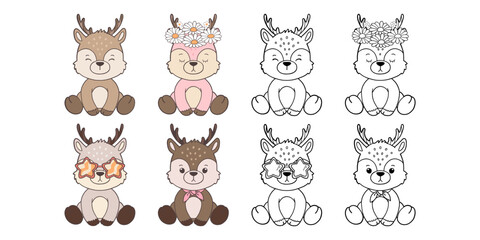 Set of Groovy Woodland Animal Collection Vector, Hand Drawn Deer Color and Outline Coloring Page for Book Animals for Kids.