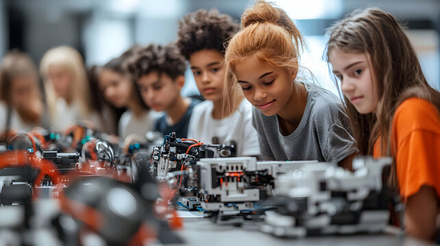 Group of school children working on robotics project at science fair competition
