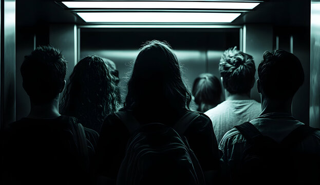 Group of people stand inside of elevator looking ahead with minimal lighting.
