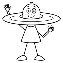 Friendly alien waving from a ufo line art vector illustration 