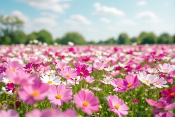 Obraz premium Blooming pink and white cosmos flowers in a vast field.