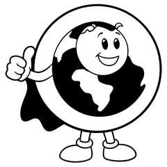 Happy planet earth giving a thumbs up cape line art vector illustration 