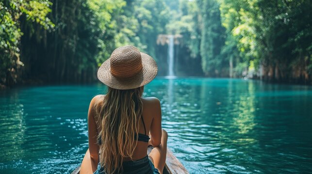 Peaceful woman on a boat, enjoying a hidden waterfall. Lush tropical rainforest surrounds a tranquil turquoise lake - Powered by Adobe
