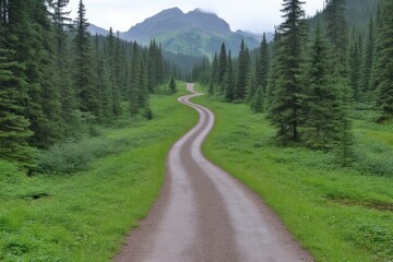 Winding Forest Road Through Lush Meadow