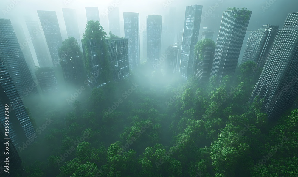 Poster A futuristic cityscape merging urban architecture with lush greenery and mist.