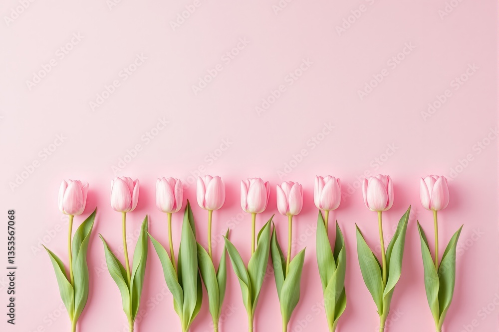 Poster delicate pink tulips arranged in a row on a soft pastel pink background.