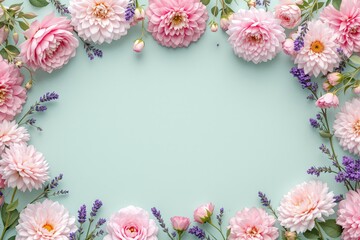 Floral frame with pink and purple flowers on pastel green background.