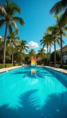 Empty swimming pool with a colorful diving board surrounded by palm trees, sunny, holiday, relaxation