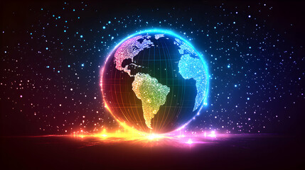 Fototapeta premium Glittering earth globe with gridlines stands against a starry background in space 