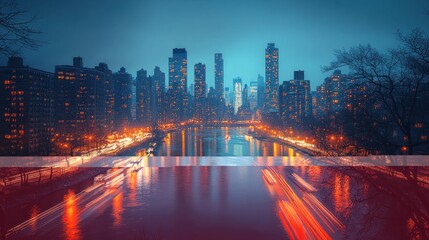 NYC Central Park cityscape at twilight with illuminated buildings, reflecting lights on river, and moving boats