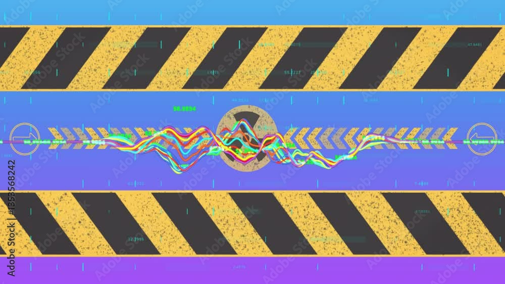 Aufkleber radiation warning symbol with colorful waveforms over caution stripes animation