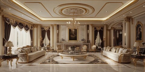 Obraz premium Luxury Living Room Showcases Elegant Furniture and Interior Design with Ornate Details and a Classic Aesthetic. Opulent Space Design.