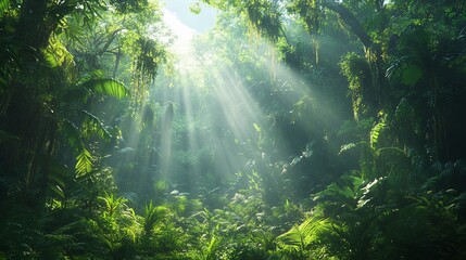 Obraz premium Sunlight Filtering Through Lush Green Canopy in a Tropical Rainforest