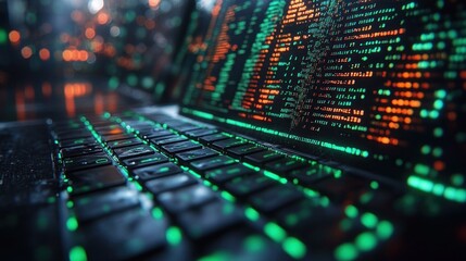 Night hacking laptop, code overlay, city lights, cybersecurity