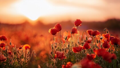 Obraz premium red poppies in the field in warm sunset light shallow depth of field bokeh background