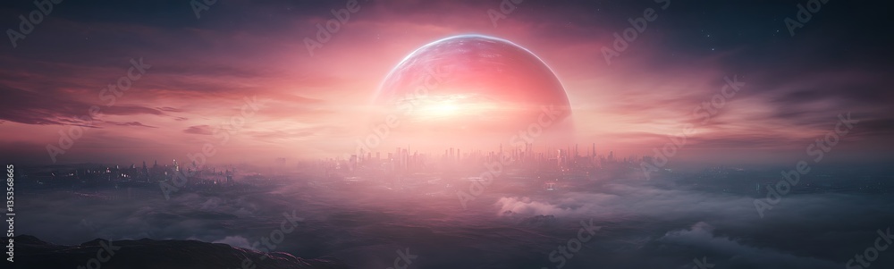 Poster surreal cosmic landscape featuring a vibrant planet and atmospheric clouds.