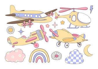 Set of Air Transport Collection Vector, Hand Drawn Vintage Airplane and Helicopter Cartoon for Kids.