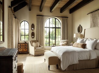 A well decorated bedroom with neutral colors and natural light