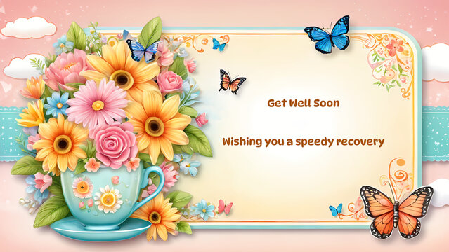 Get well soon card with a heartwarming bouquet of colorful flower and butterfly, expressing wish for a speedy recovery.
