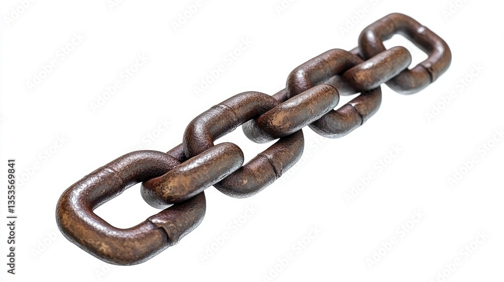 Poster close-up view of a rusty metal chain lying on a white background, showcasing its texture and links f
