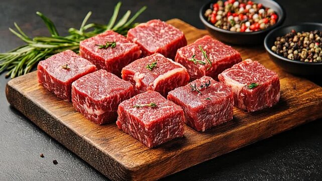 Raw beef cubes on wooden board with herbs and spices. Ready for cooking
