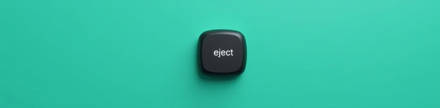 Minimalist black and white eject button on a trendy teal background, icon, design, Simple