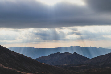 Kumamoto, Kyushu Japan :Volcano Mount Aso, Panorama Aerial View Smoke Gas Steam Crater.