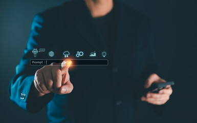 Ai Artificial Intelligence technology concept, Businessman using AI technology on smartphone, Futuristic technology transformation. Chat with AI, Enter prompt and searching data in global network
