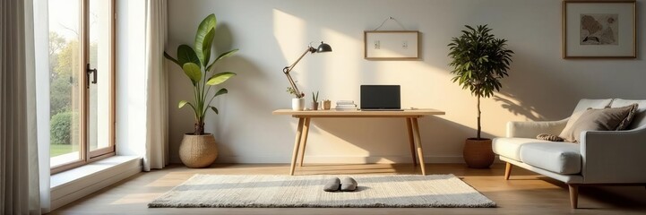 Fototapeta premium Minimalistic living room with work station and cozy slippers on the floor, home office, functional, laptop