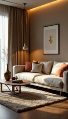 Fototapeta premium Modern living room with plush sofa, warm rug, and soft lighting, aesthetic, comfortable, relaxation