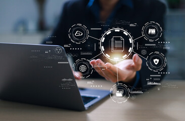 Business people are managing documents on online document databases in the cloud and digital filing...