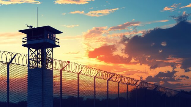 Sunset over a prison fence with a watchtower, showcasing a serene yet tense atmosphere in the background