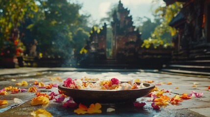 Bali Temple Offering: A close-up shot of a sacred offering bowl filled with vibrant flower petals, placed in front of an ancient Balinese temple, captures the beauty and spirituality of the locale. 