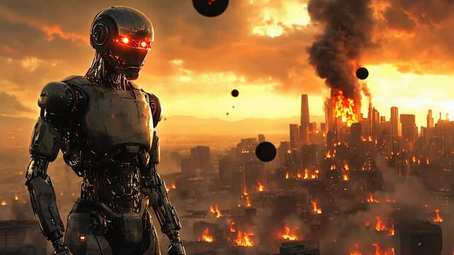 Robot stands guard over a burning city