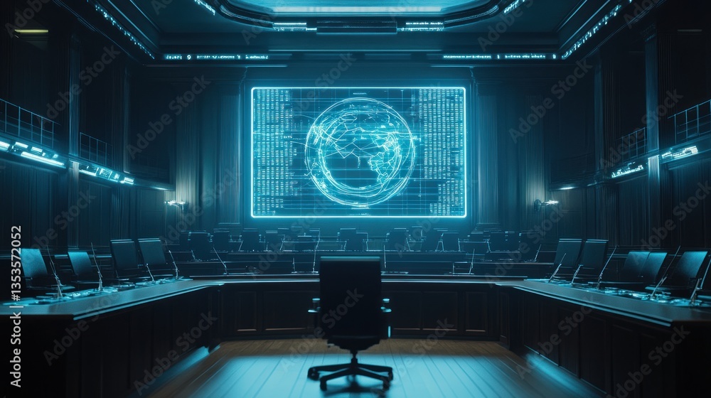 Poster futuristic command center: global surveillance and data analysis