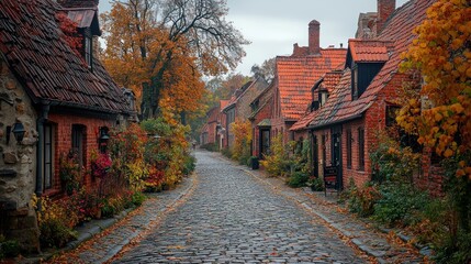 Autumnal cobblestone street in a European village