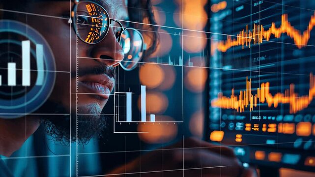 A focused man wearing glasses observes dynamic financial charts and tech elements on a transparent digital interface. Ideal for illustrating concepts like data science, analytics, cybersecurity, finte