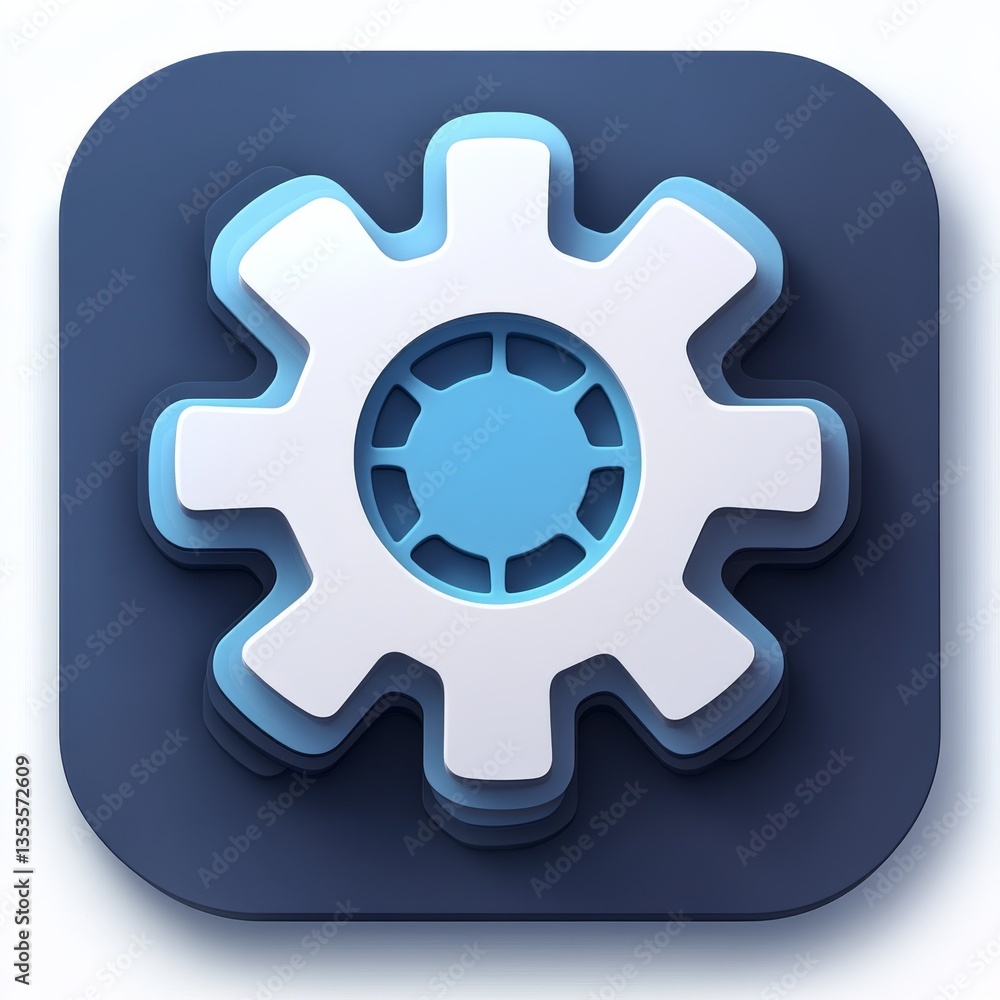 Poster 3d layered gear icon on dark blue rounded square - modern settings symbol for apps and design