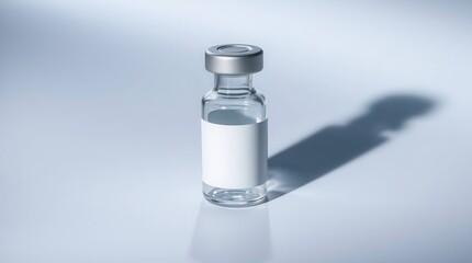 Clear medical vial with blank white label casting long shadow in minimalist clinical background, representing healthcare or vaccination