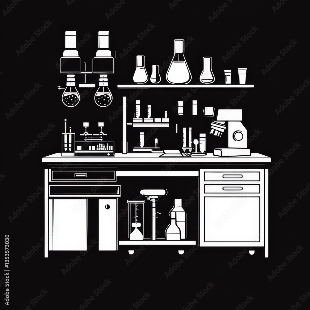Poster a monochromatic laboratory bench with glassware and scientific instruments in stark contrast