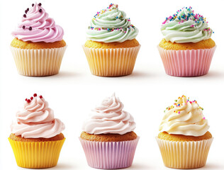 Delicious Cupcakes Assortment Six Colorful Vanilla and Cream Frosting Cupcakes with Sprinkles