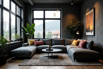 Modern loft living room with dark corner sofa, stylish decoration, corner, dark, decoration