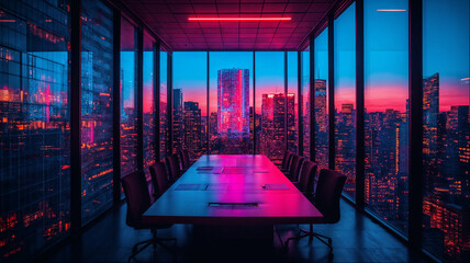 Futuristic empty conference room with long table and dramatic pink neon lighting overlooking urban cityscape at sunset, modern corporate boardroom concept background