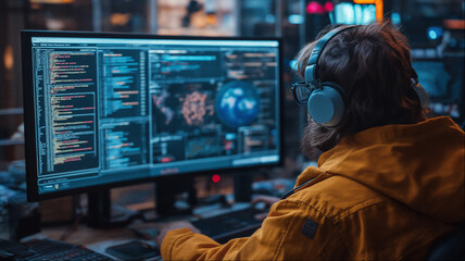 Rear view of hooded hacker or cybersecurity professional with headset working at multiple computer screens in dark tech environment, digital surveillance concept