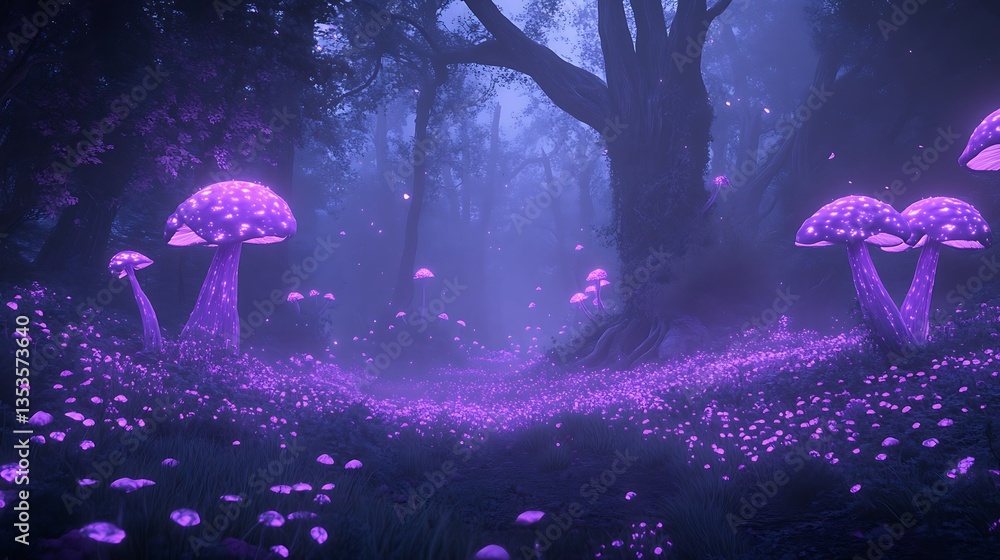 Poster mysterious forest scene with glowing mushrooms and ethereal atmosphere.