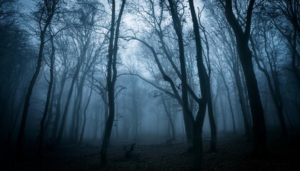 Fototapeta premium mysterious dark forest with silhouetted trees and fog atmosphere