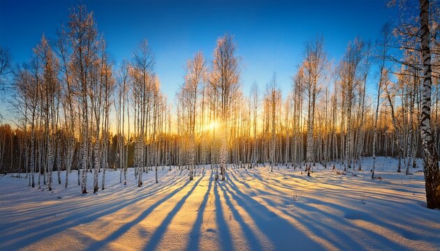 panorama of winter birch forest illuminated with golden light of setting sun golden sunlight among white trunks of birch trees and blue shadows on white snow fairy tale of winter forest