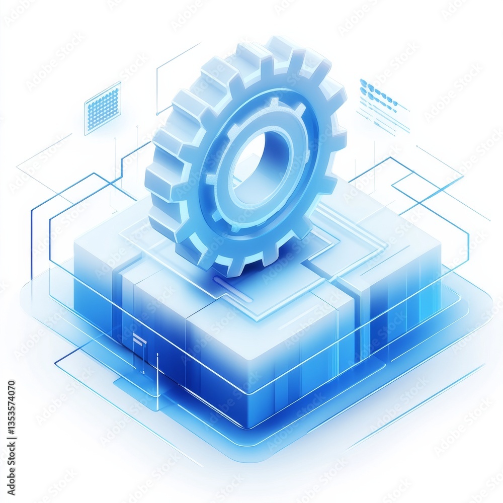 Poster futuristic blue tech: gear on platform with data visualization, representing innovation, automation 