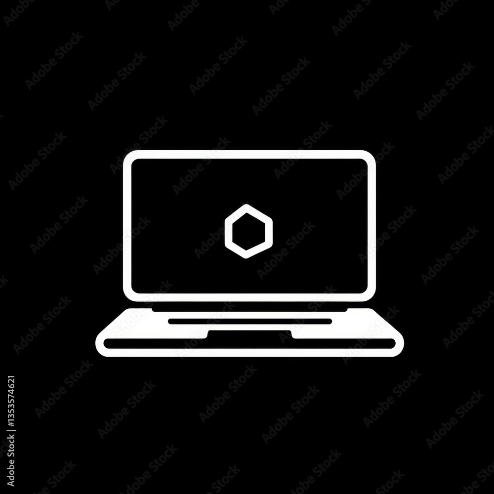 Aufkleber minimalist laptop icon: white outline on black background with central hexagon symbol displayed.